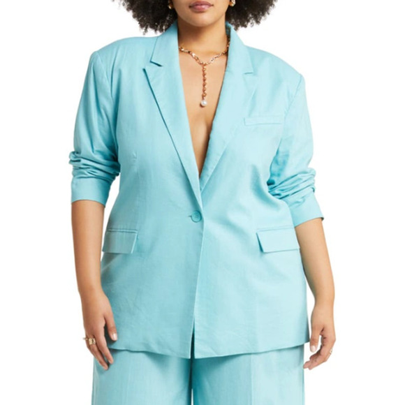 OPEN EDIT NORDSTROM Teal Shore Oversize Linen Blend Blazer Size 3X GORGEOUS - Picture 1 of 10